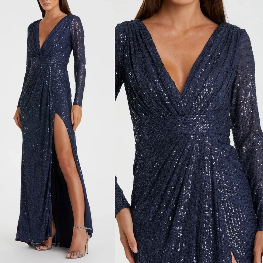 Mac Duggal Navy Long Sleeve Sequin Evening Gown Size 12